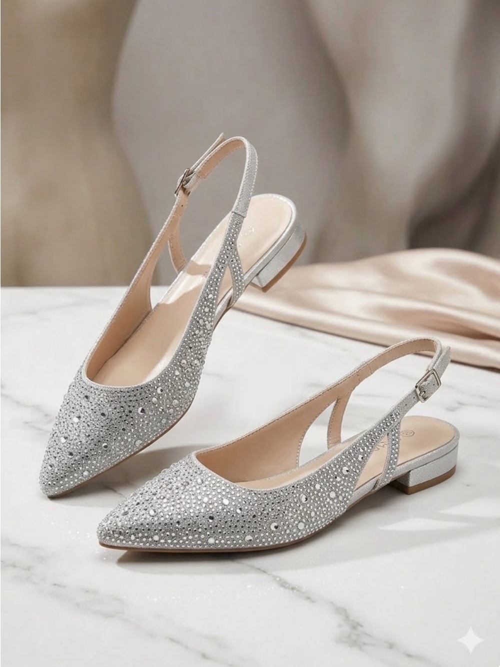 Alex Marie Silver Rhinestone Embellished Slingback Flats - Size 10M